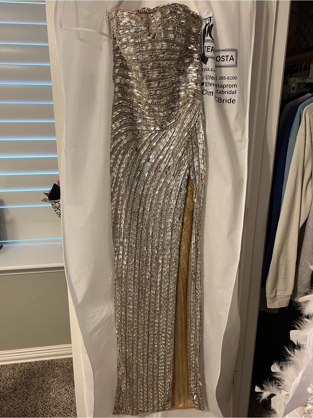 Portia & Scarlett Designer Strapless Silver Sequin Gown